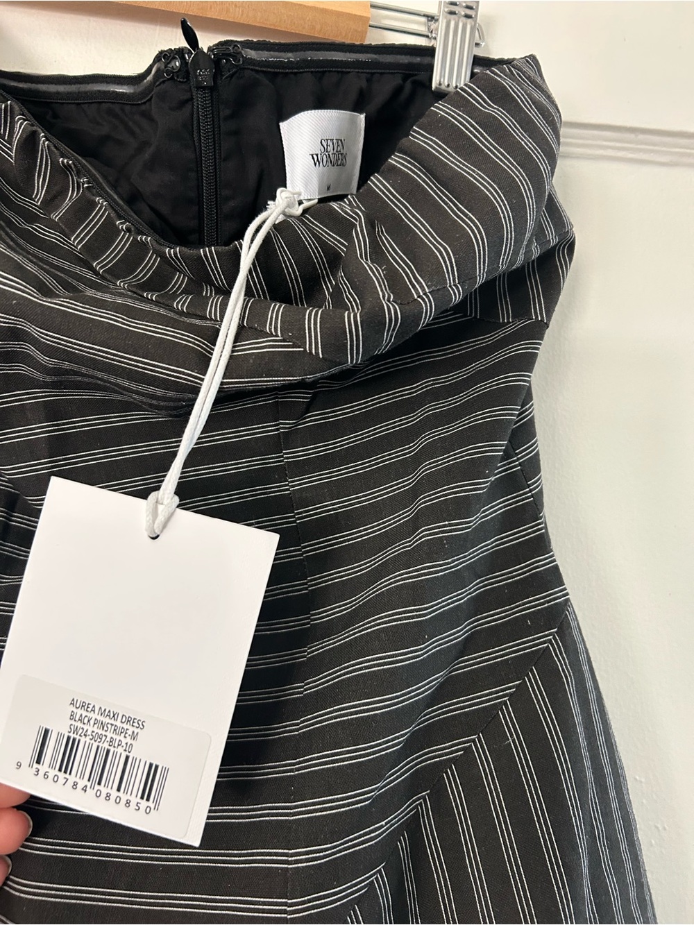 Strapless Black and Gray Pinstripe Maxi Dress - Picture 4 of 7